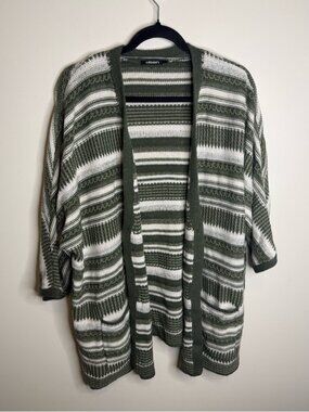 Olsen Olive & White Striped Open-Front Cardigan size XL